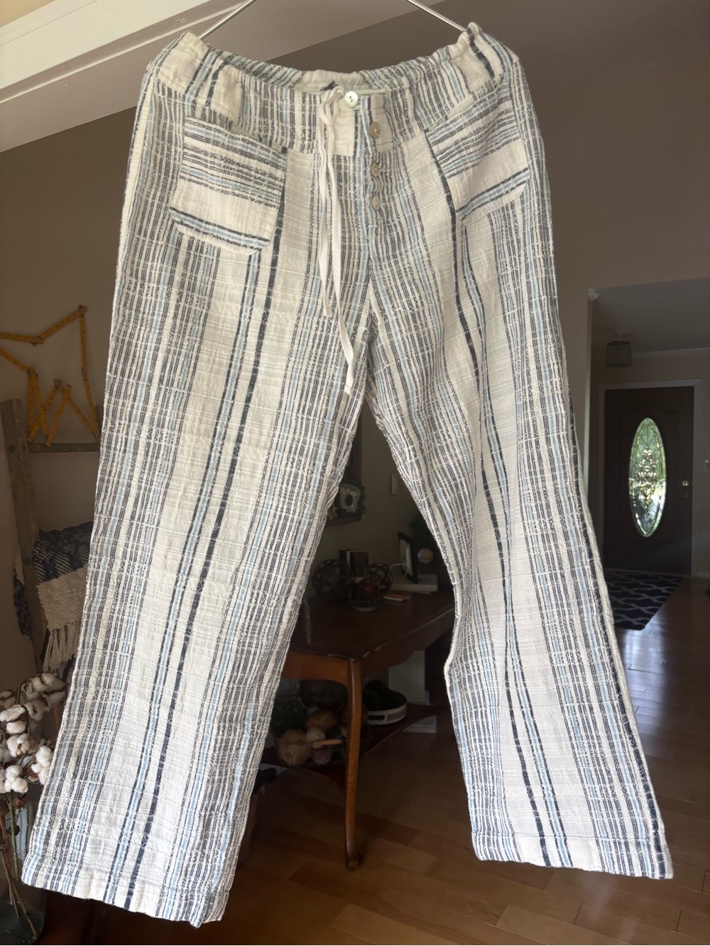 SUNDANCE BEACH PANTS-Cream and Navy Striped Drawstring Pants, 100% cotton